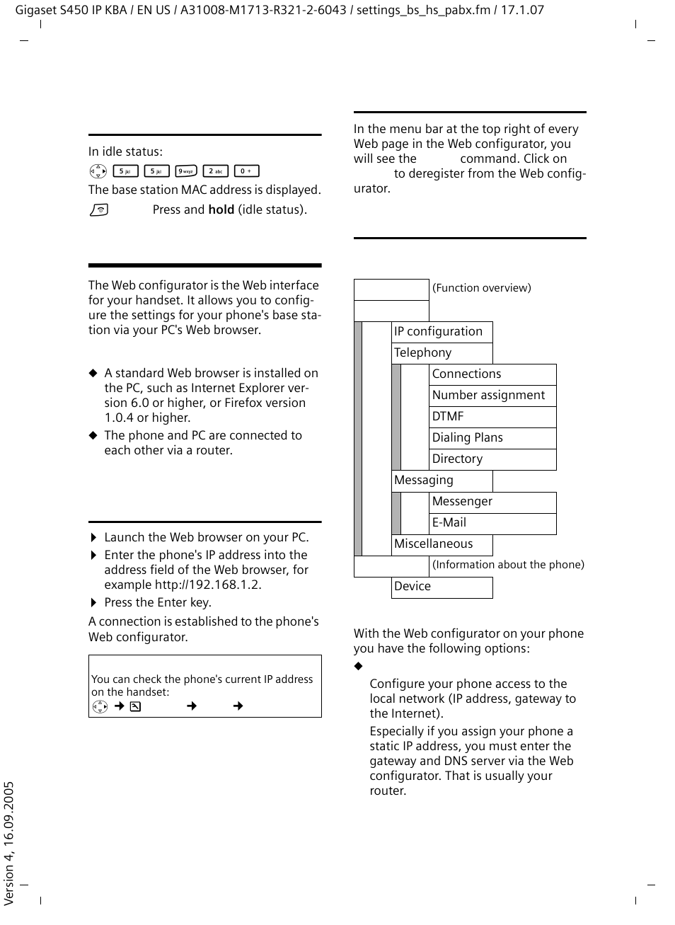 Checking the base station mac address, Web configurator, Connecting the pc to the web configurator | Deregistering, Web configurator functions | Siemens Gigaset S450IP User Manual | Page 27 / 44