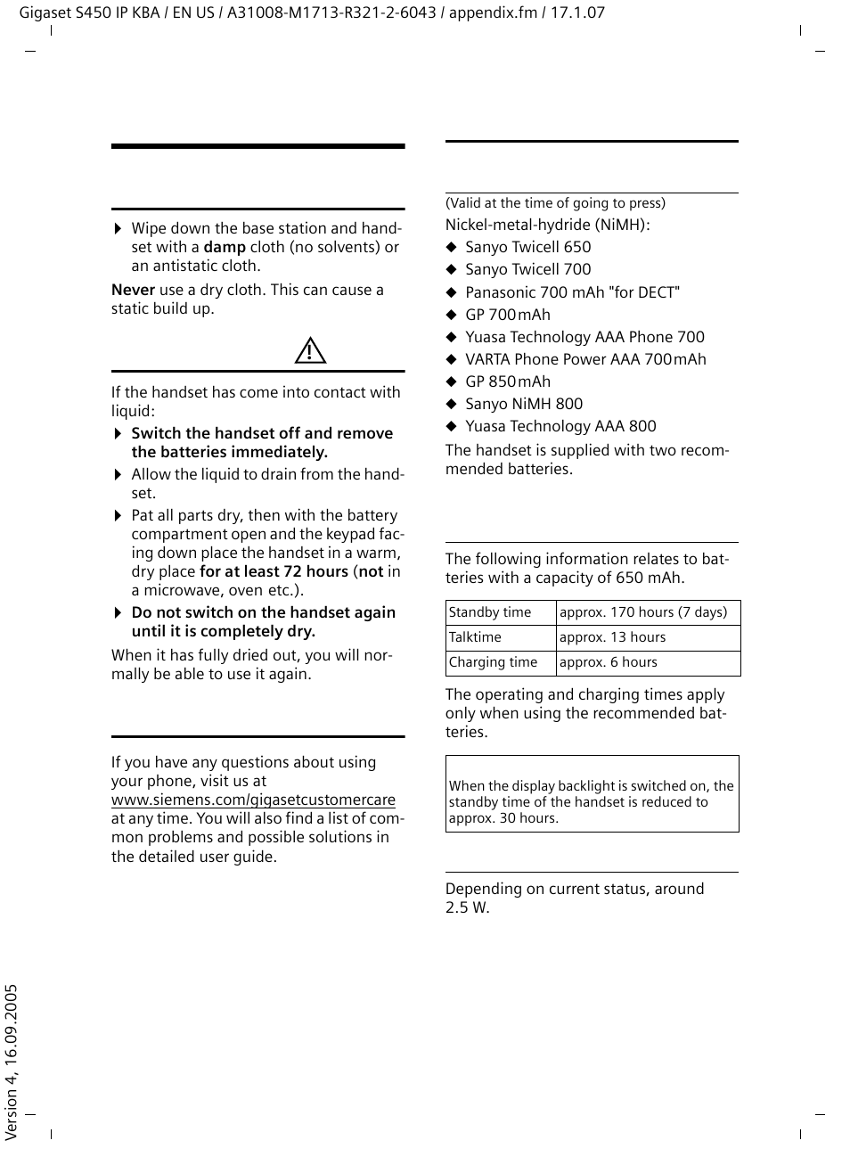 Appendix, Care, Contact with liquid | Questions and answers, Specifications, Recommended batteries, Handset operating times/charging times, Base station power consumption | Siemens Gigaset S450IP User Manual | Page 29 / 44
