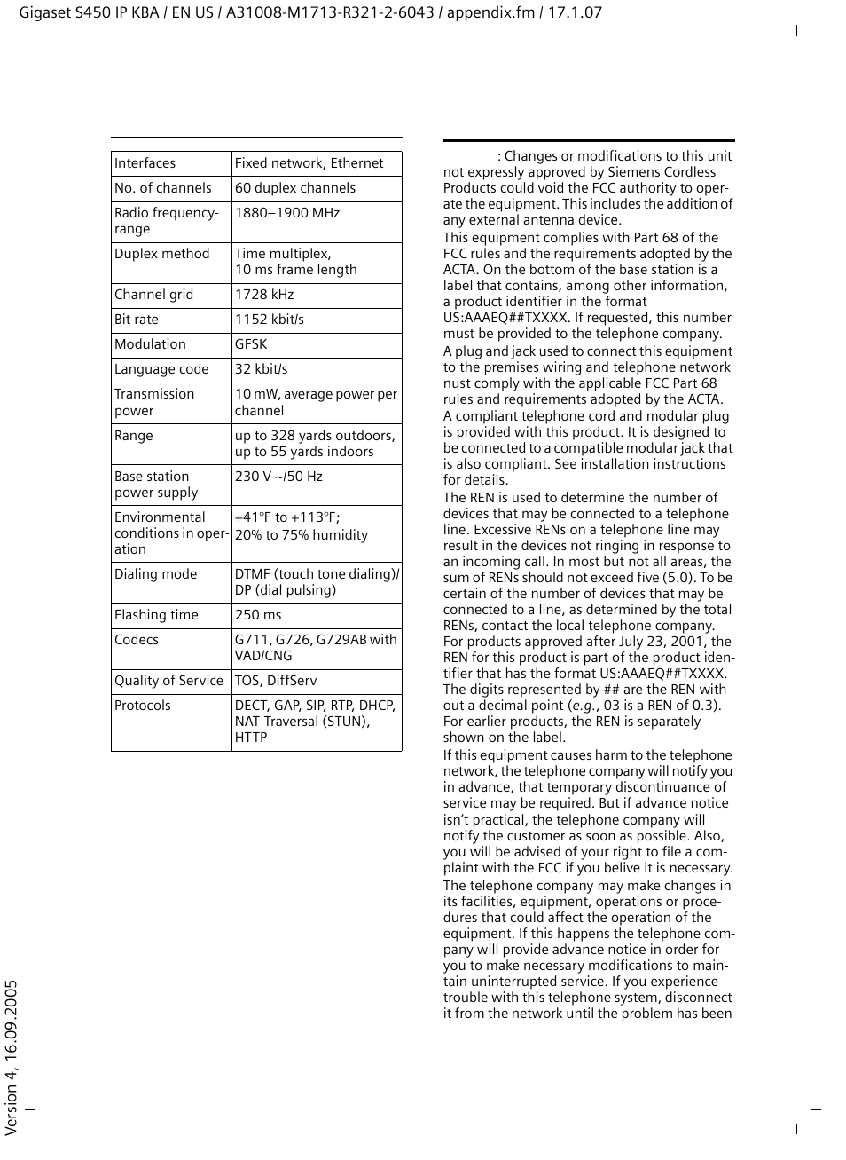 General specifications, Fcc / acta information | Siemens Gigaset S450IP User Manual | Page 30 / 44
