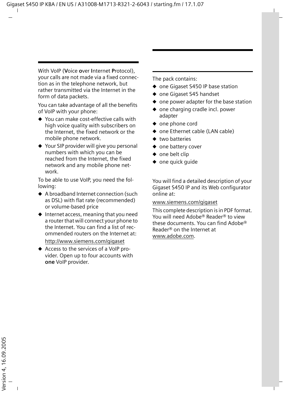 Voip - making calls via the internet, First steps, Pack contents | Voip – making calls via the internet first steps, Voip – making calls via the internet | Siemens Gigaset S450IP User Manual | Page 6 / 44