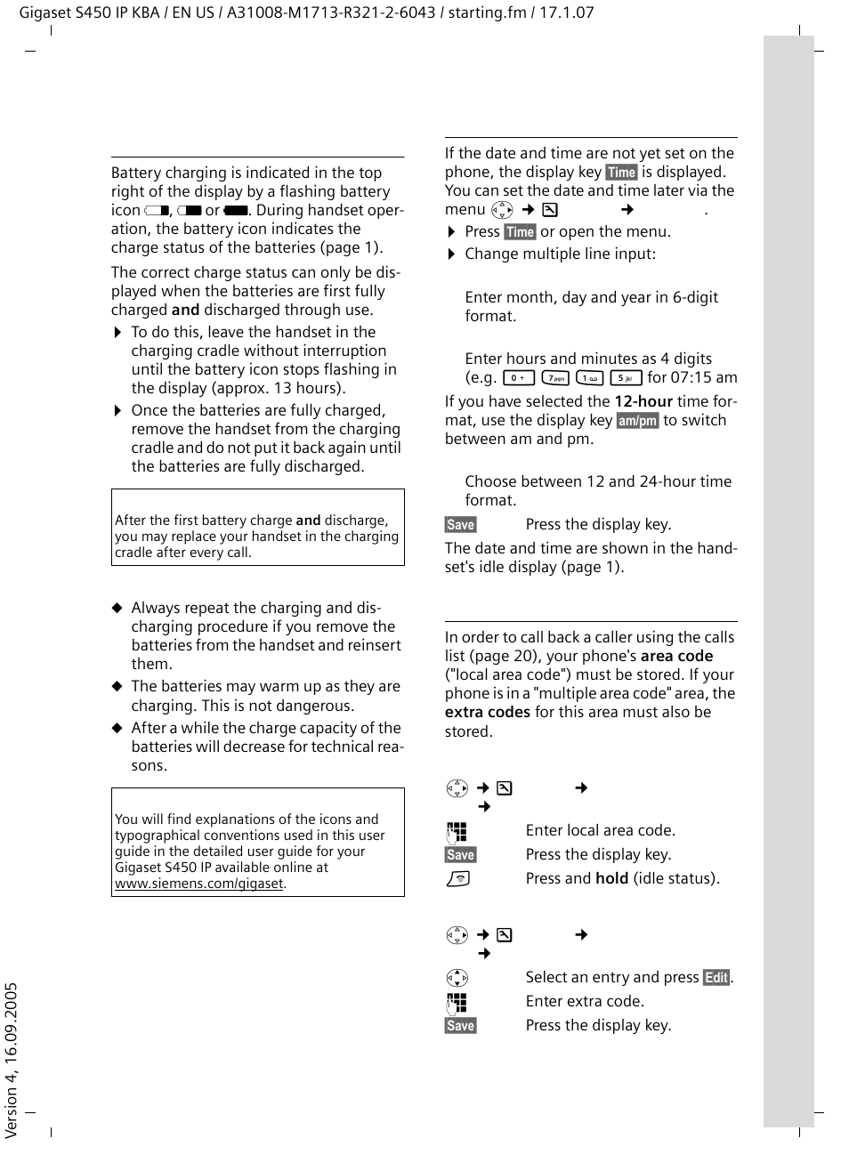 Initial charging and discharging of batteries, Setting the date and time, Area codes | Siemens Gigaset S450IP User Manual | Page 8 / 44