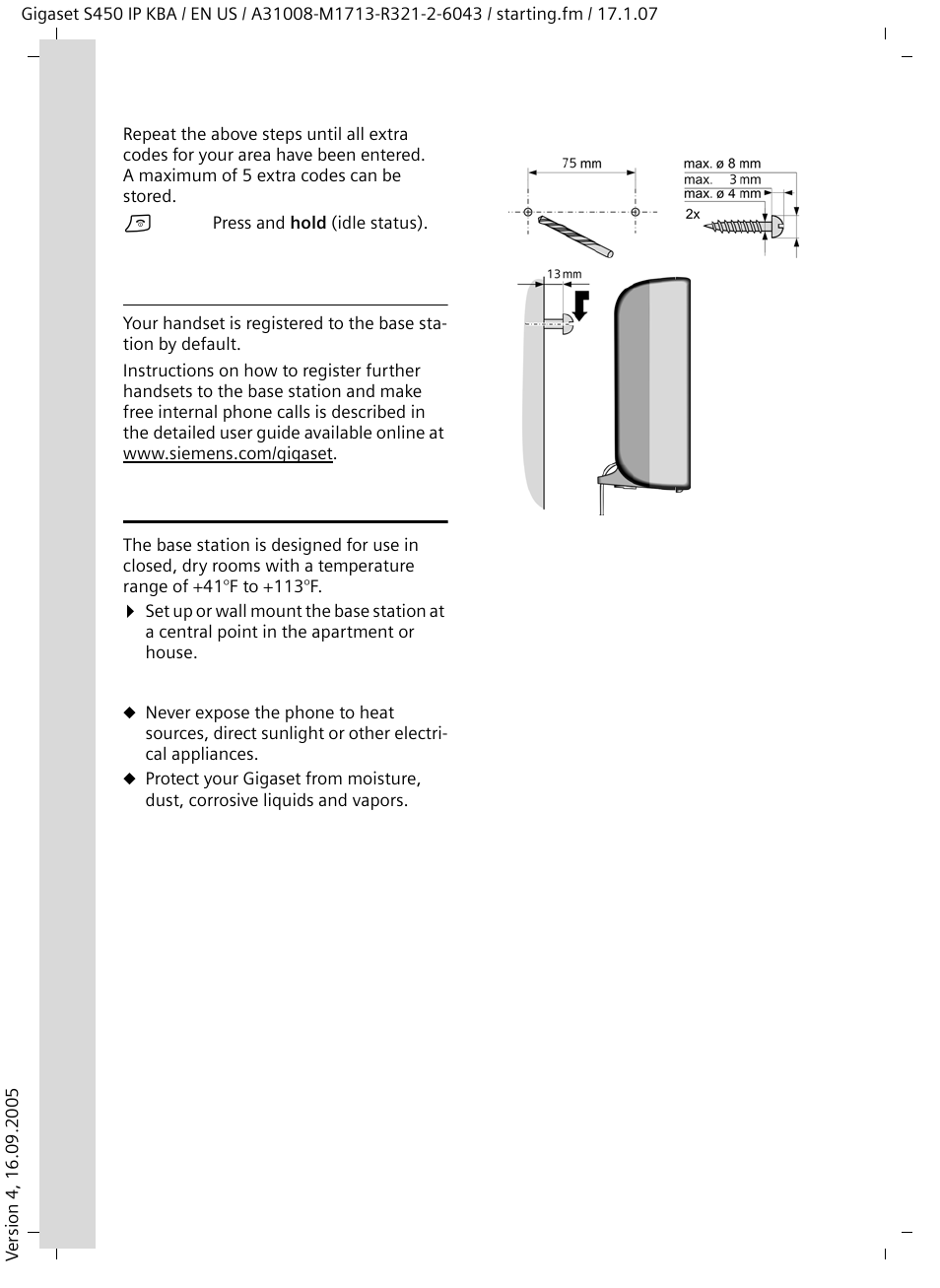 Registering the handset to the base station, Installing the base station | Siemens Gigaset S450IP User Manual | Page 9 / 44