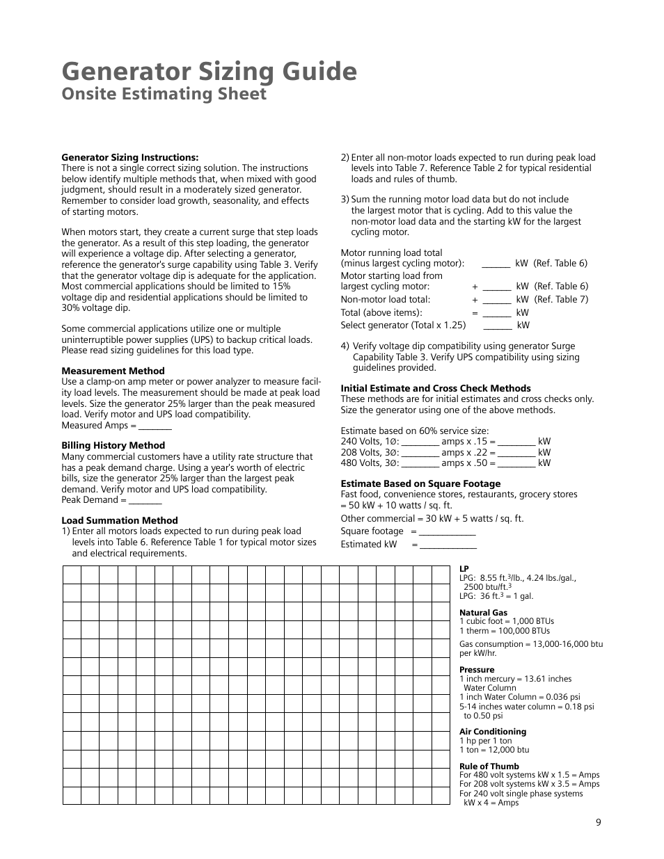 Generator sizing guide, Onsite estimating sheet | Siemens Standby Generators User Manual | Page 10 / 16