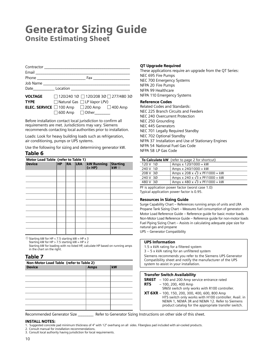 Generator sizing guide, Onsite estimating sheet, Table 6 | Table 7 | Siemens Standby Generators User Manual | Page 11 / 16