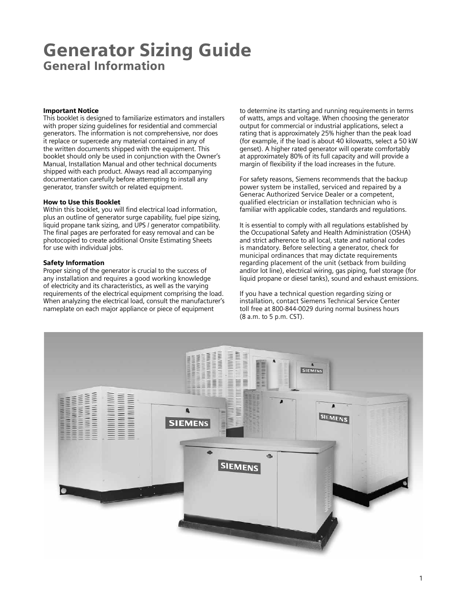 Generator sizing guide, General information | Siemens Standby Generators User Manual | Page 2 / 16