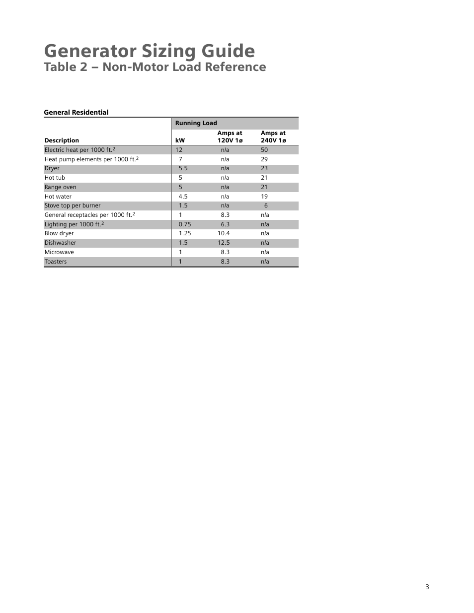 Generator sizing guide, Table 2 – non-motor load reference | Siemens Standby Generators User Manual | Page 4 / 16