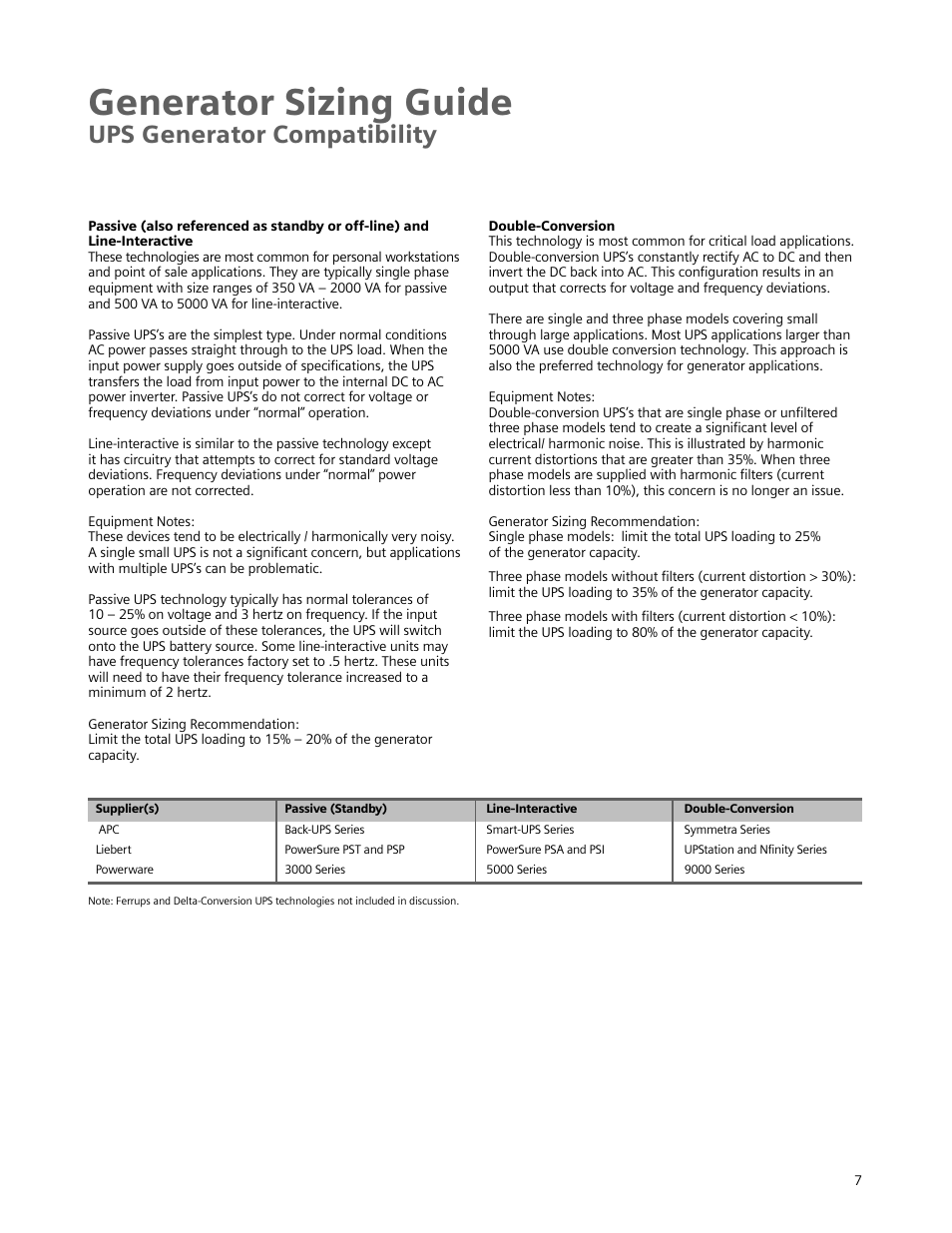 Generator sizing guide, Ups generator compatibility | Siemens Standby Generators User Manual | Page 8 / 16