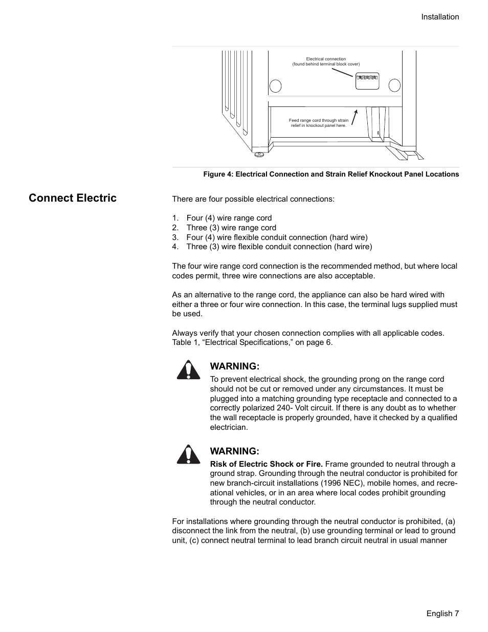 Connect electric, Four (4) wire range cord, Three (3) wire range cord | Warning | Siemens HE2528U User Manual | Page 11 / 56