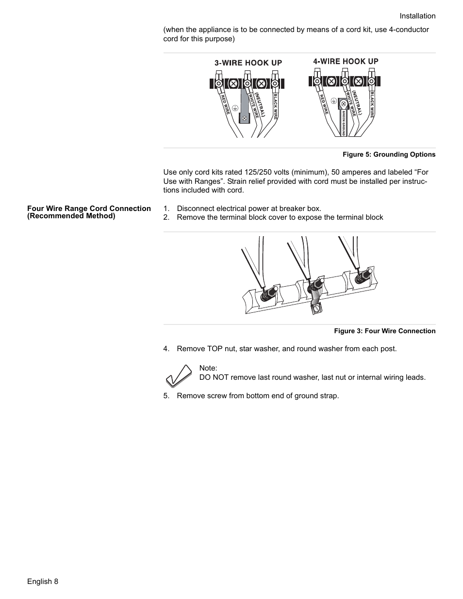 Figure 5: grounding options, Disconnect electrical power at breaker box, Figure 3: four wire connection | Remove screw from bottom end of ground strap | Siemens HE2528U User Manual | Page 12 / 56