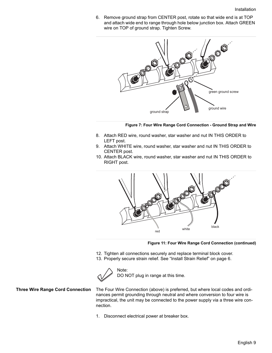 Three wire range cord connection, Disconnect electrical power at breaker box | Siemens HE2528U User Manual | Page 13 / 56