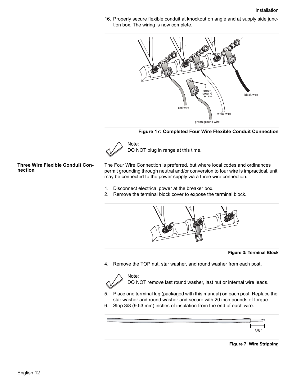 Three wire flexible conduit connection, Disconnect electrical power at the breaker box, Figure 3: terminal block | Figure 7: wire stripping | Siemens HE2528U User Manual | Page 16 / 56