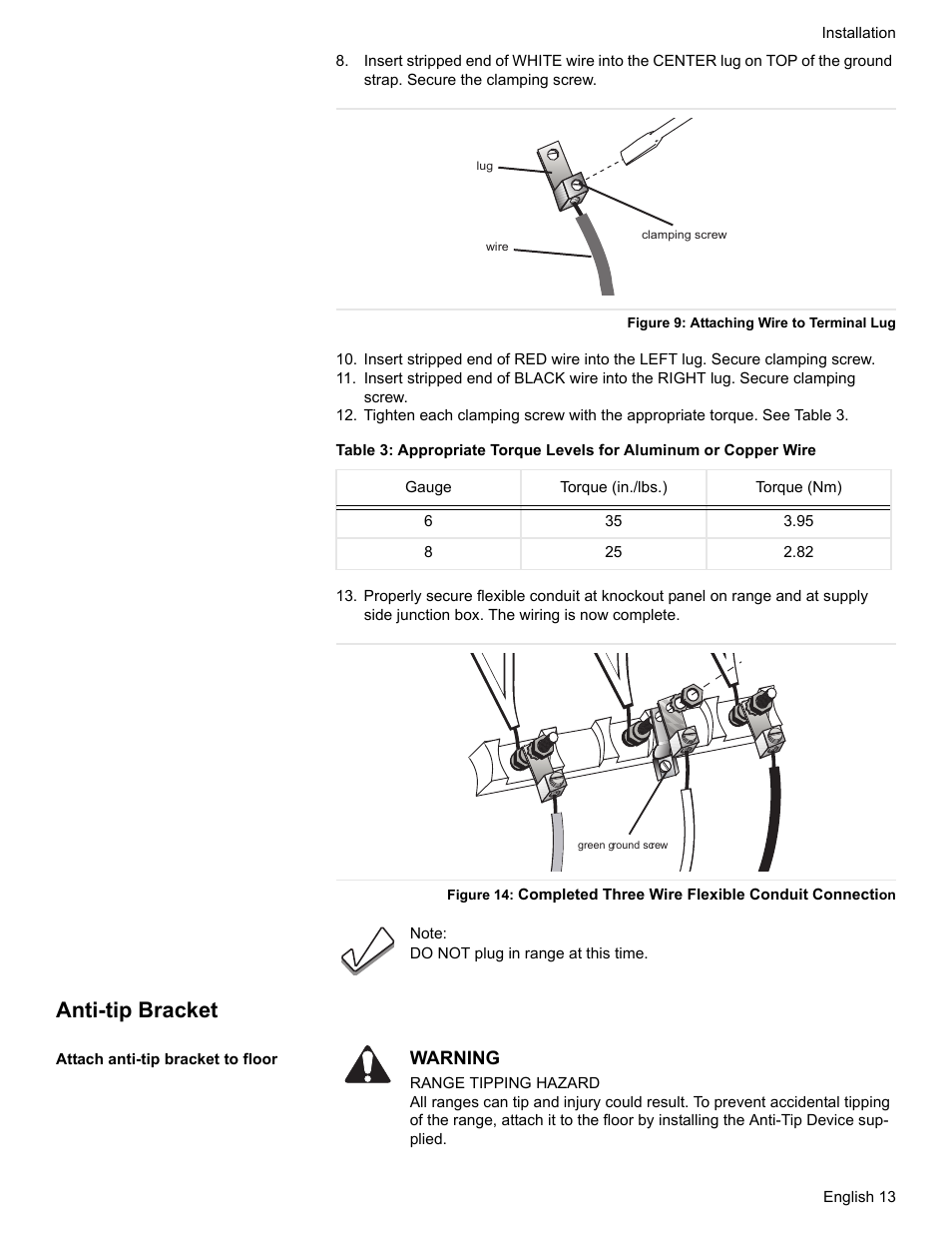 Figure 9: attaching wire to terminal lug, Anti-tip bracket, Attach anti-tip bracket to floor | Siemens HE2528U User Manual | Page 17 / 56