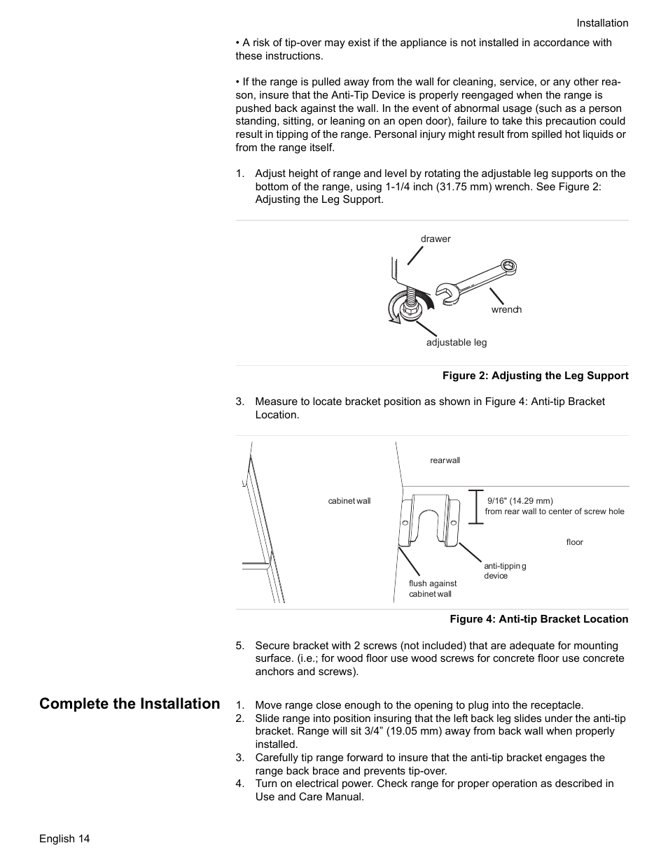 Figure 2: adjusting the leg support, Figure 4: anti-tip bracket location, Complete the installation | Siemens HE2528U User Manual | Page 18 / 56