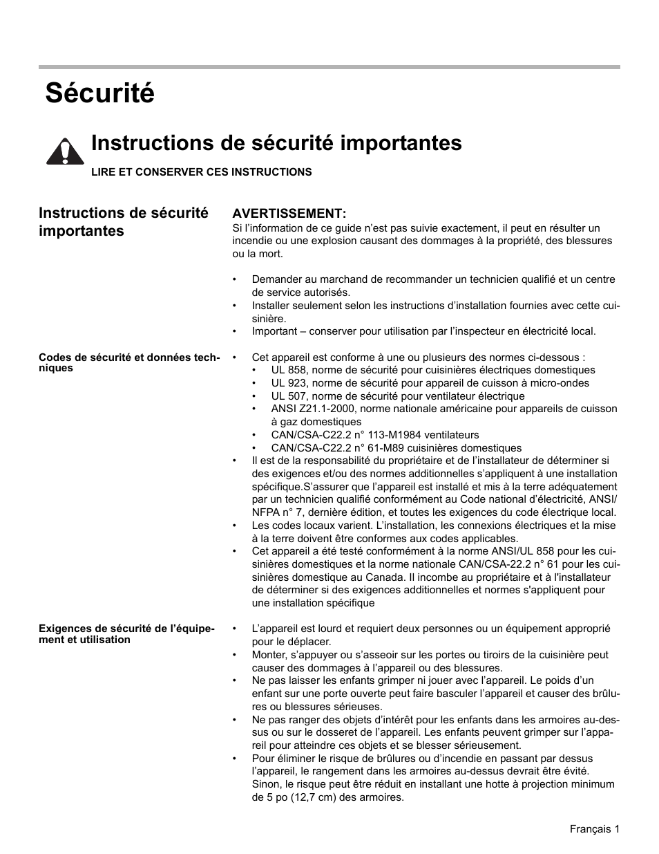 Sécurité, Instructions de sécurité importantes, Codes de sécurité et données techniques | Siemens HE2528U User Manual | Page 23 / 56