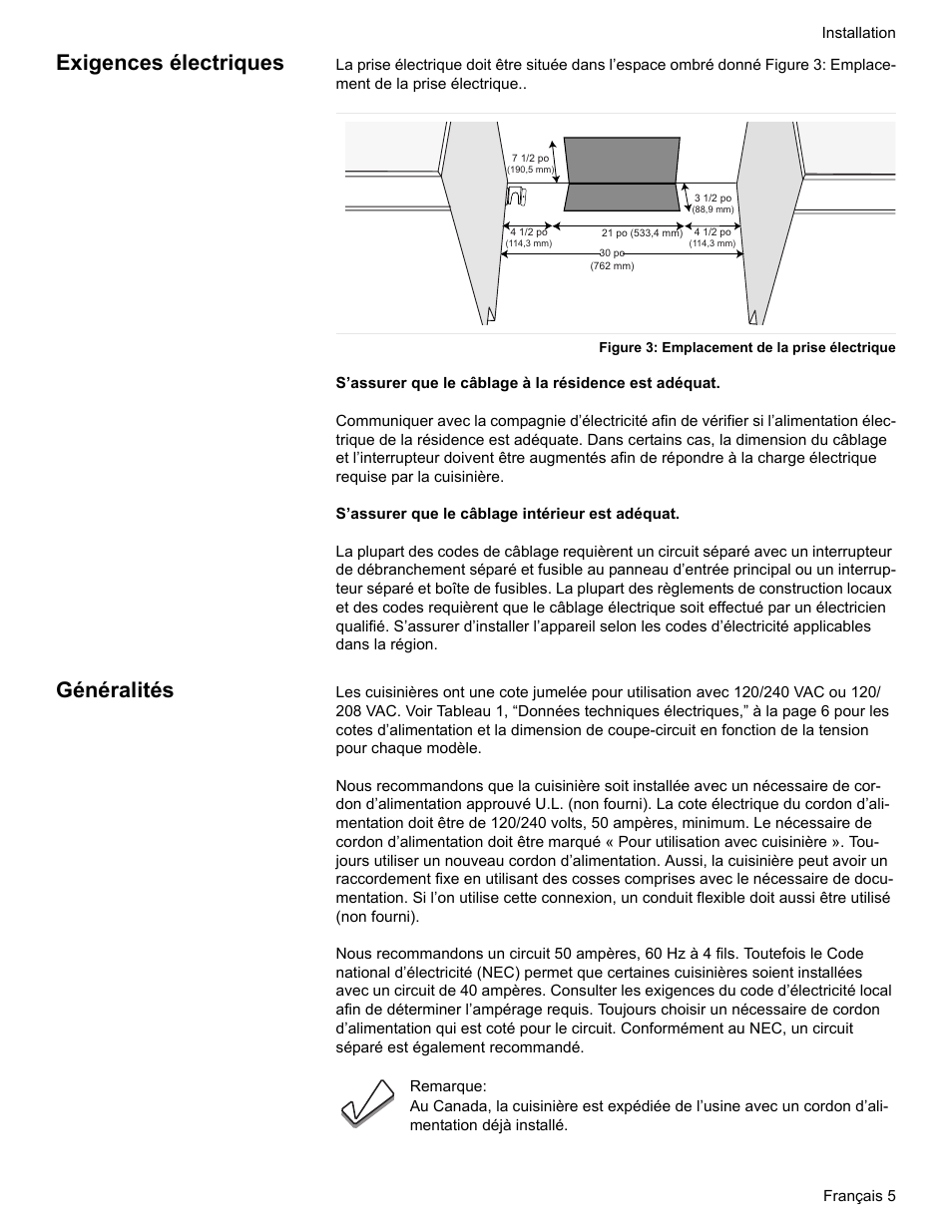 Exigences électriques, Figure 3: emplacement de la prise électrique, Généralités | Siemens HE2528U User Manual | Page 27 / 56