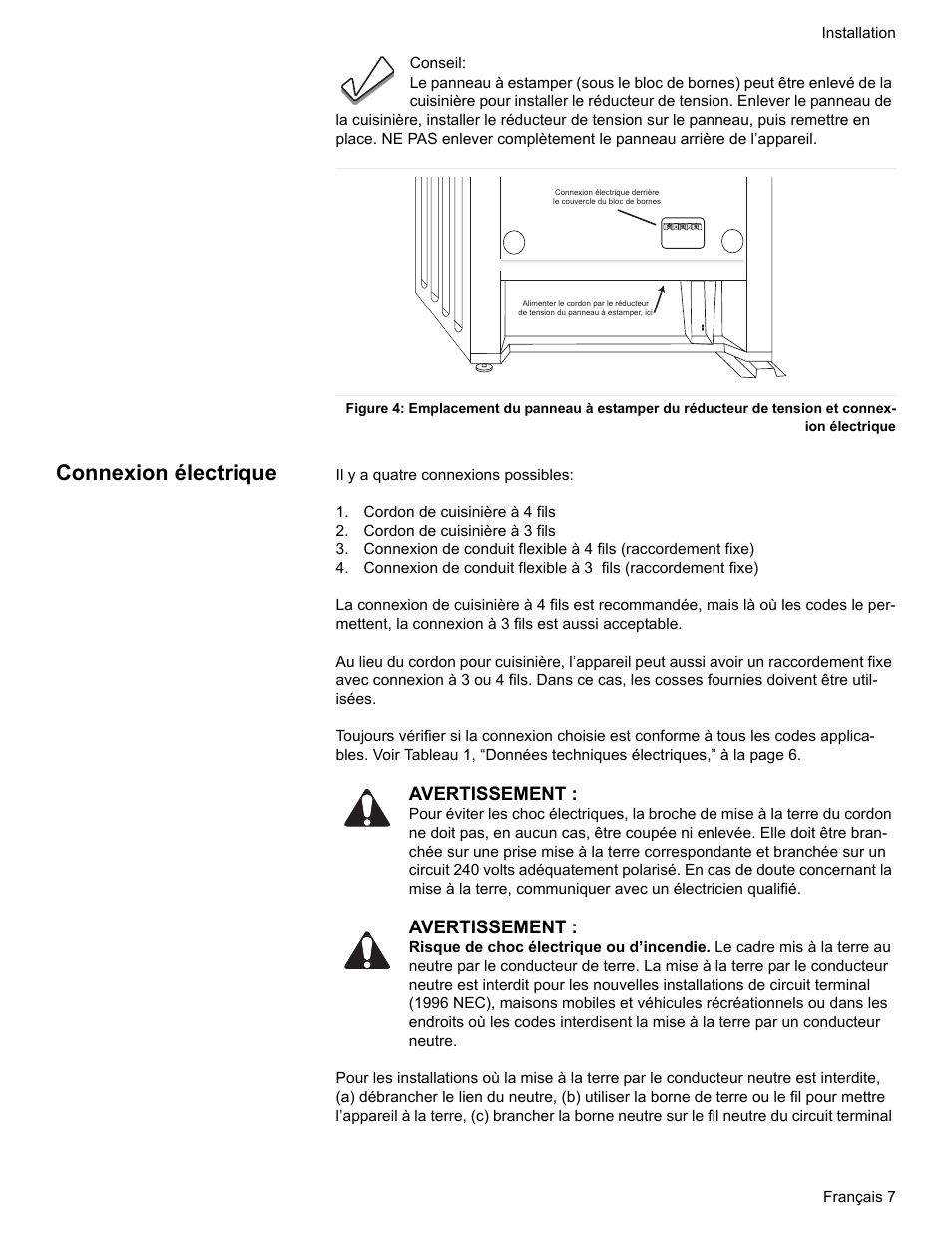 Connexion électrique, Cordon de cuisinière à 4 fils, Cordon de cuisinière à 3 fils | Avertissement | Siemens HE2528U User Manual | Page 29 / 56