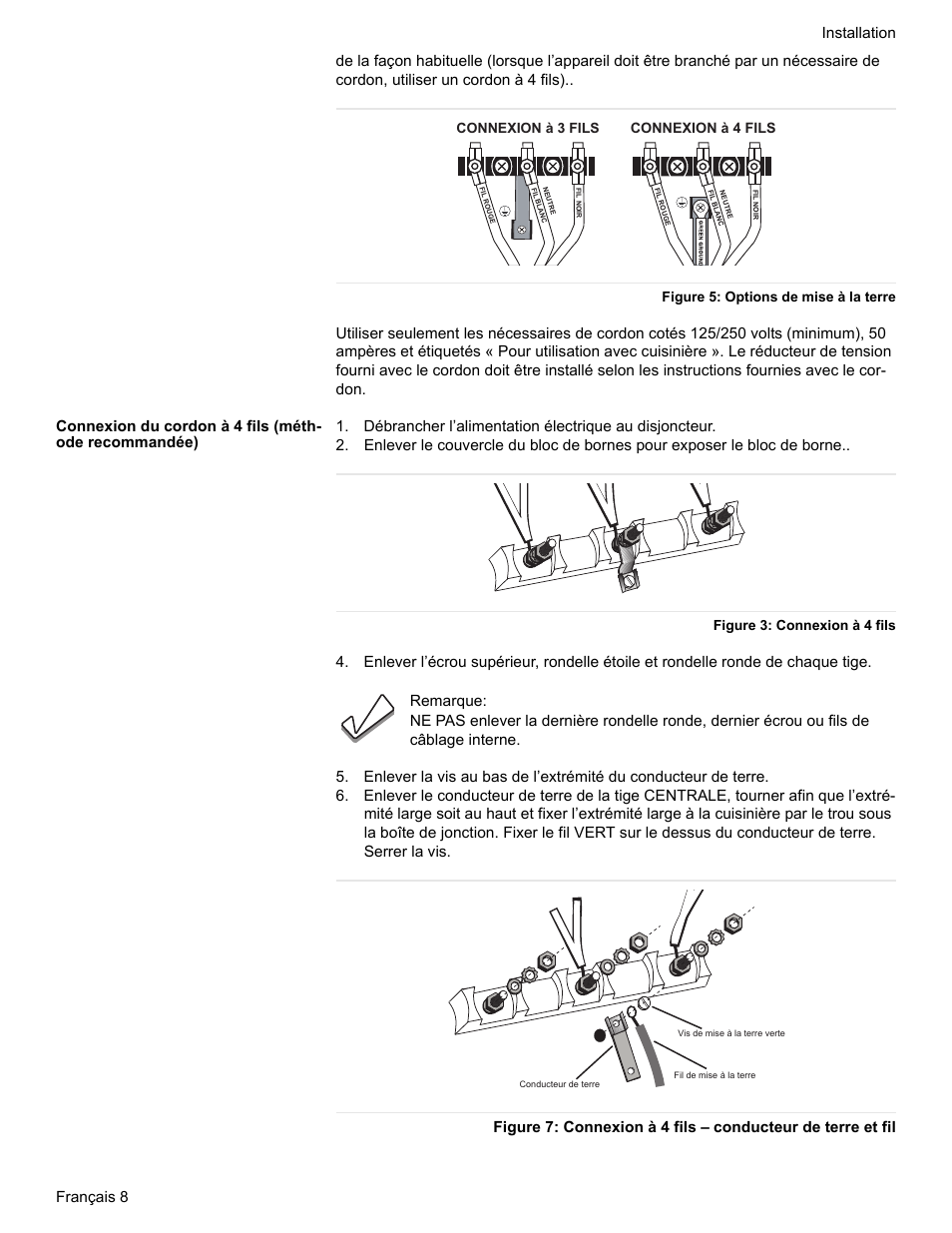 Figure 5: options de mise à la terre, Connexion du cordon à 4 fils (méthode recommandée), Figure 3: connexion à 4 fils | Siemens HE2528U User Manual | Page 30 / 56