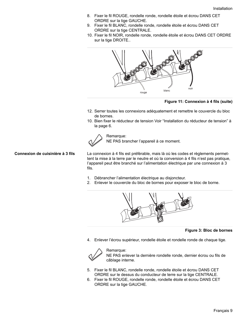 Figure 11: connexion à 4 fils (suite), Connexion de cuisinière à 3 fils, Figure 3: bloc de bornes | Siemens HE2528U User Manual | Page 31 / 56