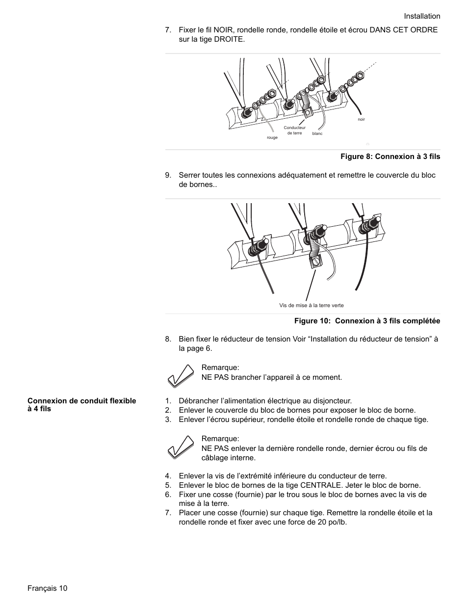 Figure 8: connexion à 3 fils, Figure 10: connexion à 3 fils complétée, Connexion de conduit flexible à 4 fils | Siemens HE2528U User Manual | Page 32 / 56