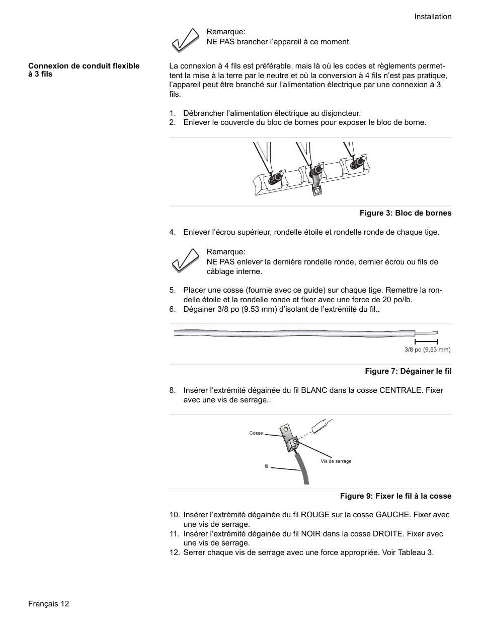 Connexion de conduit flexible à 3 fils, Figure 3: bloc de bornes, Figure 7: dégainer le fil | Figure 9: fixer le fil à la cosse | Siemens HE2528U User Manual | Page 34 / 56