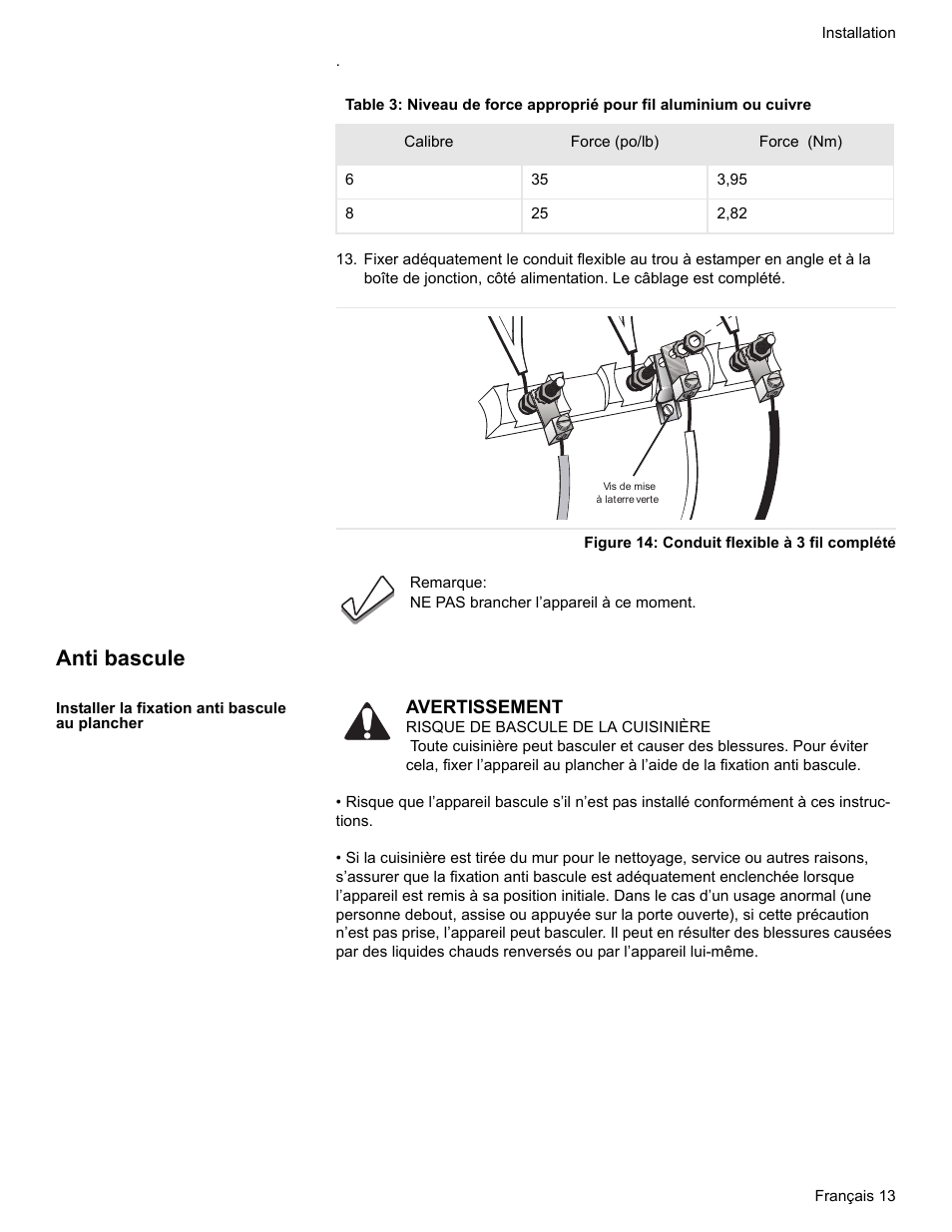 Figure 14: conduit flexible à 3 fil complété, Anti bascule, Installer la fixation anti bascule au plancher | Siemens HE2528U User Manual | Page 35 / 56