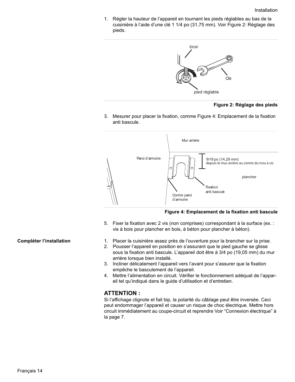 Figure 2: réglage des pieds, Figure 4: emplacement de la fixation anti bascule, Compléter l’installation | Attention | Siemens HE2528U User Manual | Page 36 / 56