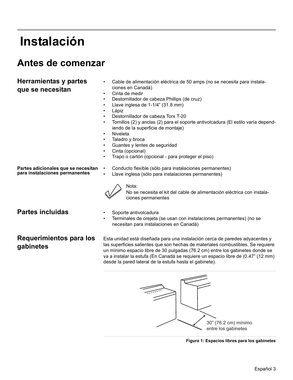 Instalación, Antes de comenzar, Herramientas y partes que se necesitan | Partes incluidas, Requerimientos para los gabinetes, Figura 1: espacios libres para los gabinetes | Siemens HE2528U User Manual | Page 41 / 56