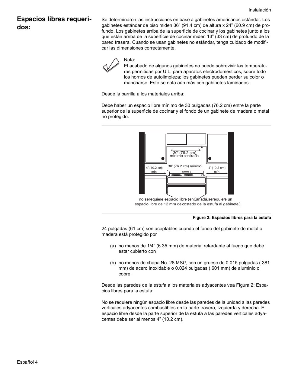 Espacios libres requeridos, Figure 2: espacios libres para la estufa, Espacios libres requeri- dos | Siemens HE2528U User Manual | Page 42 / 56