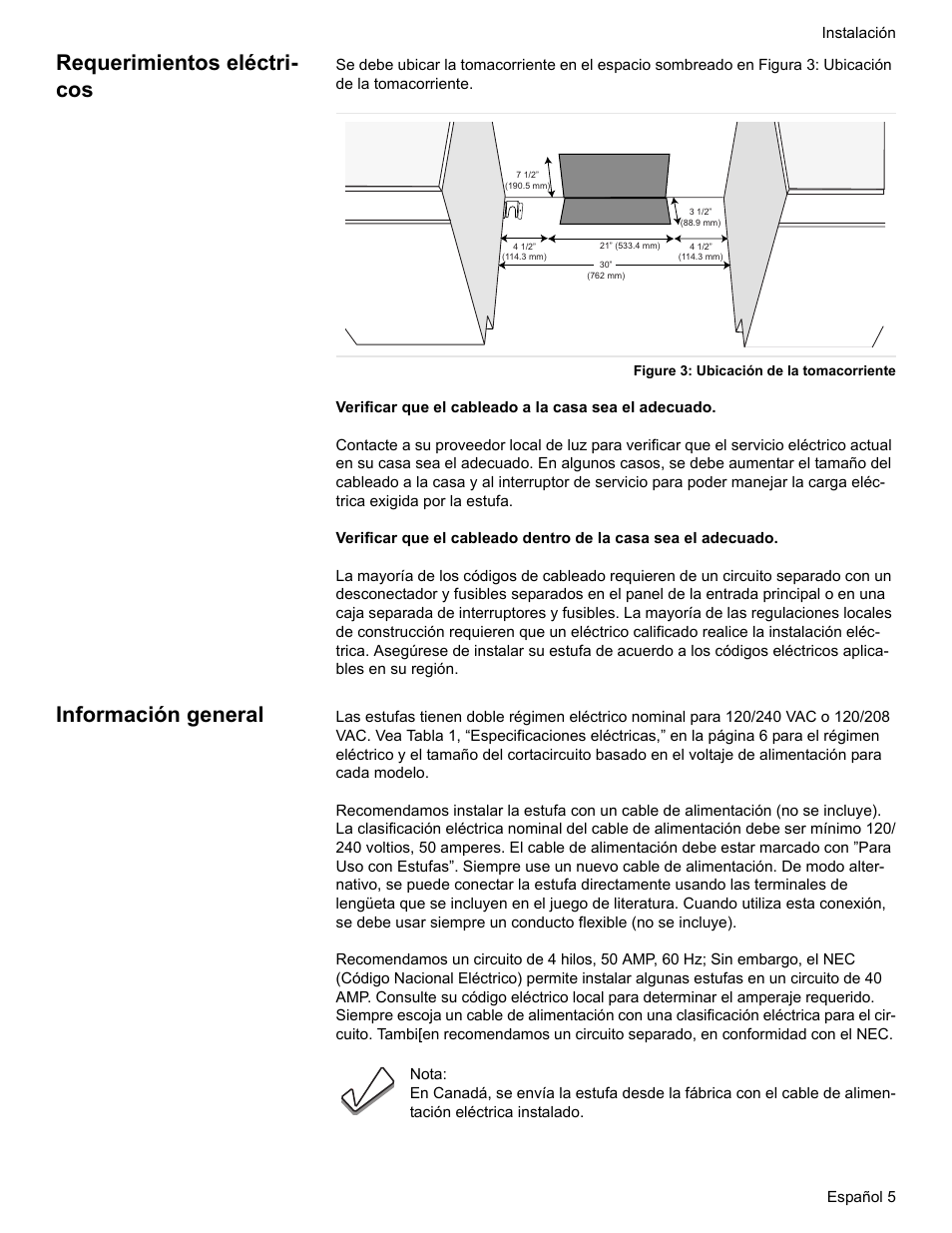 Requerimientos eléctricos, Figure 3: ubicación de la tomacorriente, Información general | Requerimientos eléctri- cos | Siemens HE2528U User Manual | Page 43 / 56