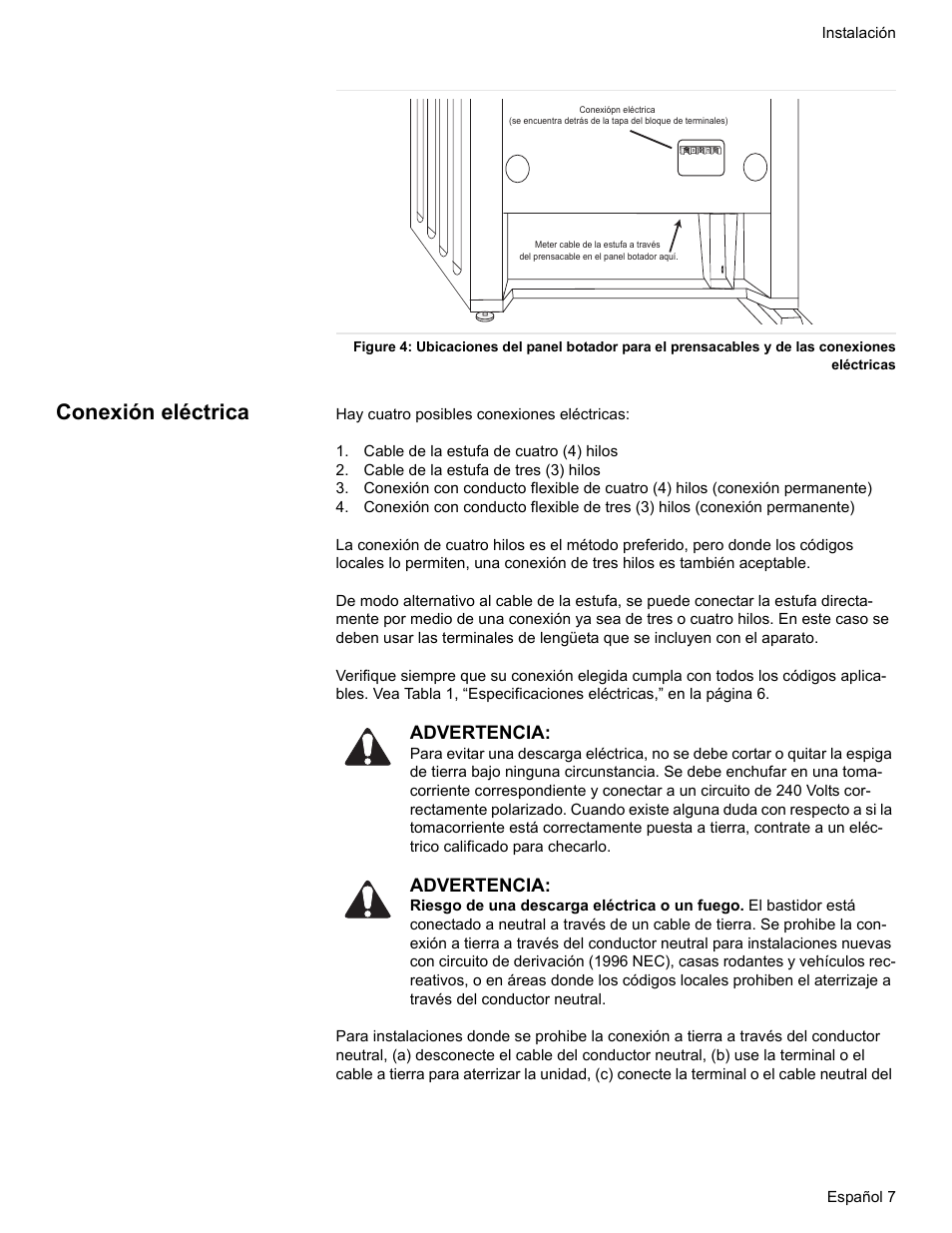 Conexión eléctrica, Cable de la estufa de cuatro (4) hilos, Cable de la estufa de tres (3) hilos | Advertencia | Siemens HE2528U User Manual | Page 45 / 56