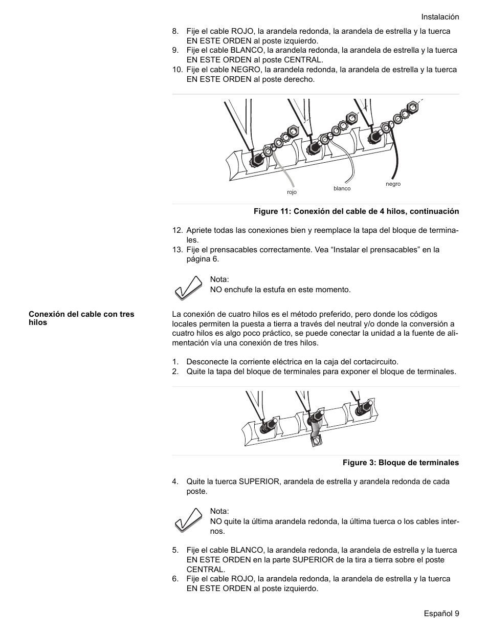 Conexión del cable con tres hilos, Figure 3: bloque de terminales | Siemens HE2528U User Manual | Page 47 / 56