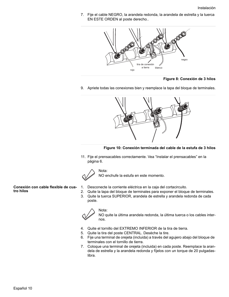 Figure 8: conexión de 3 hilos, Conexión con cable flexible de cuatro hilos, Quite la tira del poste central. deséche la tire | Siemens HE2528U User Manual | Page 48 / 56