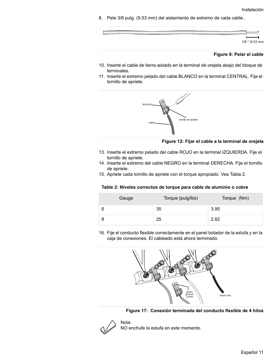 Figure 9: pelar el cable, Figure 12: fijar el cable a la terminal de orejeta | Siemens HE2528U User Manual | Page 49 / 56