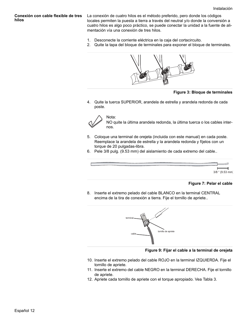 Conexión con cable flexible de tres hilos, Figure 3: bloque de terminales, Figure 7: pelar el cable | Figure 9: fijar el cable a la terminal de orejeta | Siemens HE2528U User Manual | Page 50 / 56