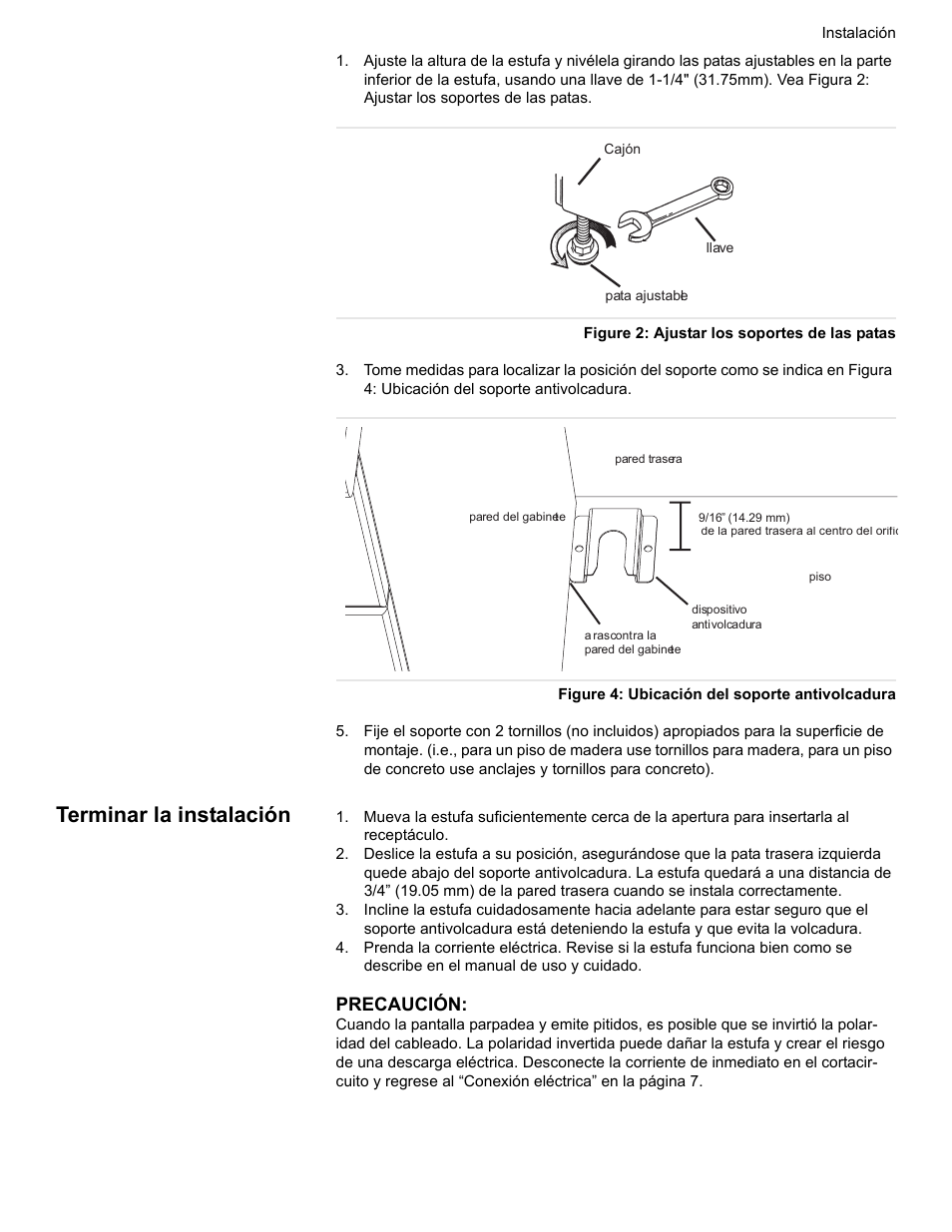 Figure 2: ajustar los soportes de las patas, Figure 4: ubicación del soporte antivolcadura, Terminar la instalación | Precaución | Siemens HE2528U User Manual | Page 52 / 56