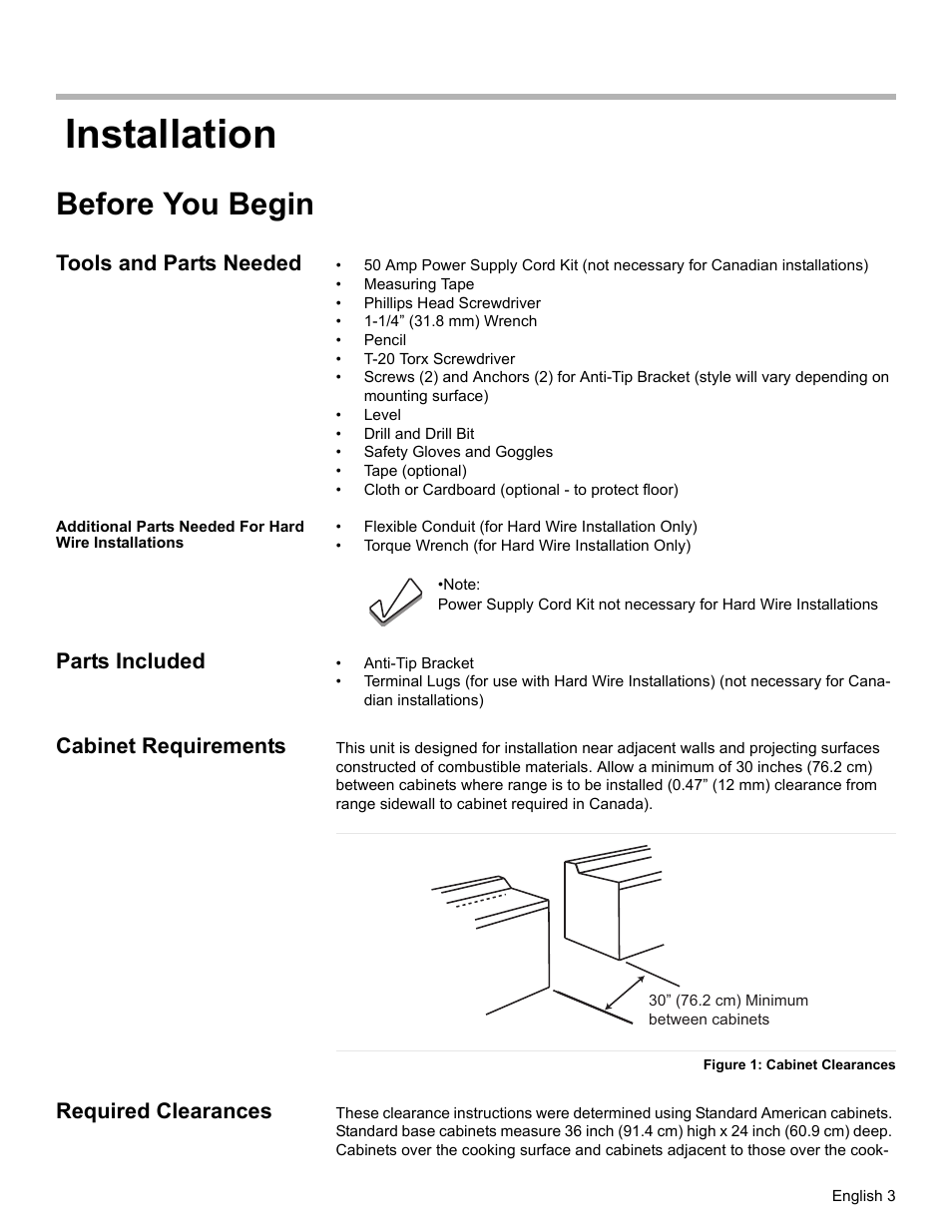 Installation, Before you begin, Tools and parts needed | Parts included, Cabinet requirements, Figure 1: cabinet clearances, Required clearances | Siemens HE2528U User Manual | Page 7 / 56