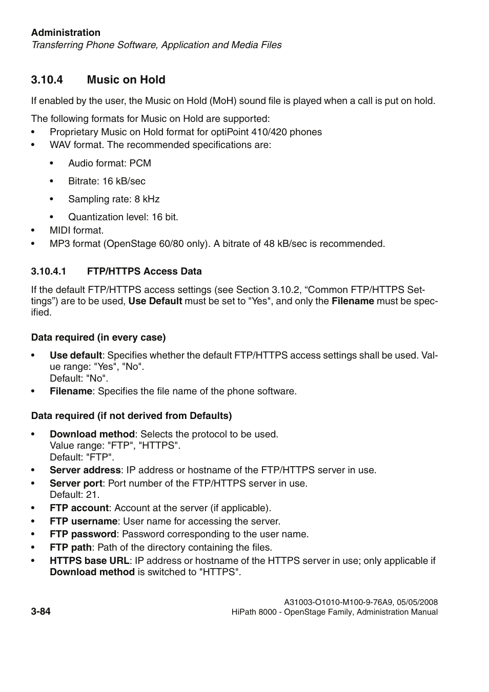 4 music on hold, 1 ftp/https access data, 4 music on hold -84 | 1 ftp/https access data -84 | Siemens HIPATH 20 User Manual | Page 126 / 258