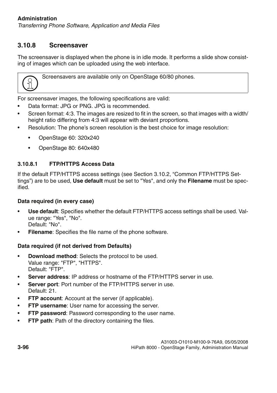 8 screensaver, 1 ftp/https access data, 8 screensaver -96 | 1 ftp/https access data -96 | Siemens HIPATH 20 User Manual | Page 138 / 258