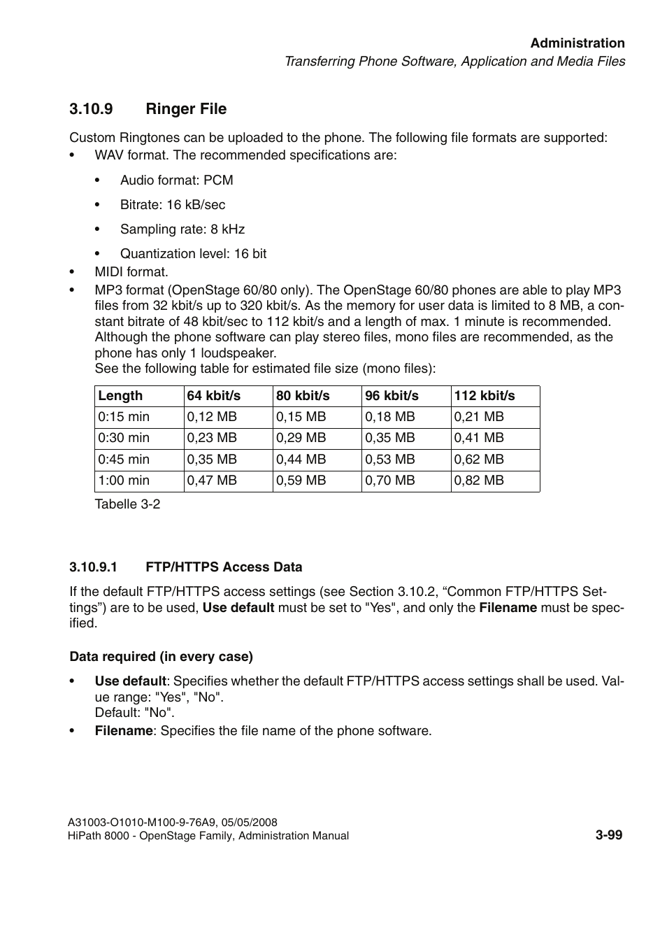 9 ringer file, 1 ftp/https access data, 9 ringer file -99 | 1 ftp/https access data -99 | Siemens HIPATH 20 User Manual | Page 141 / 258