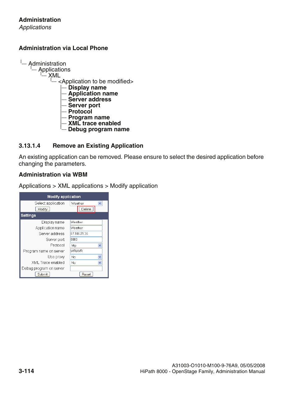 4 remove an existing application, 4 remove an existing application -114 | Siemens HIPATH 20 User Manual | Page 156 / 258