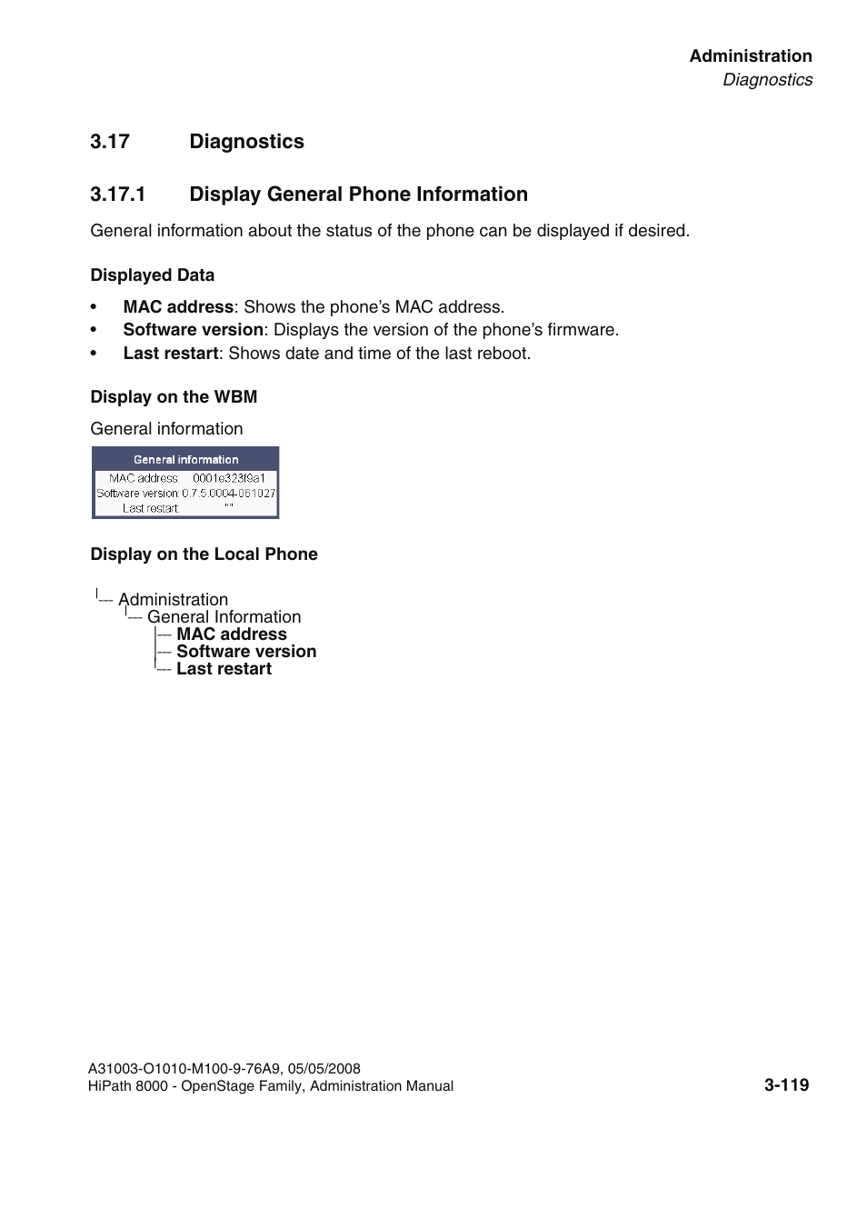 17 diagnostics, 1 display general phone information, 17 diagnostics -119 | 1 display general phone information -119 | Siemens HIPATH 20 User Manual | Page 161 / 258