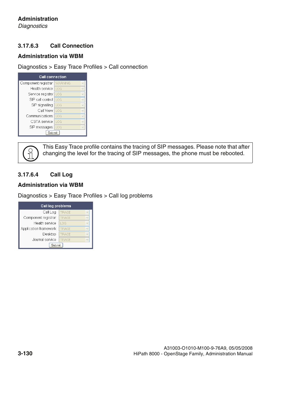 3 call connection, 4 call log, 3 call connection -130 3.17.6.4 call log -130 | Siemens HIPATH 20 User Manual | Page 172 / 258