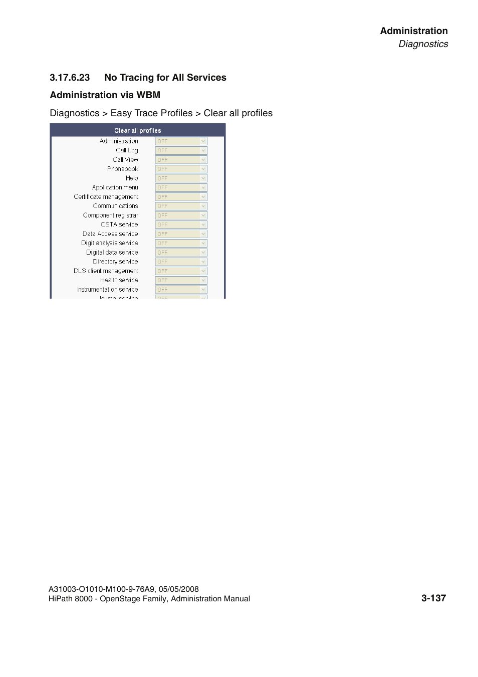 23 no tracing for all services, 23 no tracing for all services -137 | Siemens HIPATH 20 User Manual | Page 179 / 258
