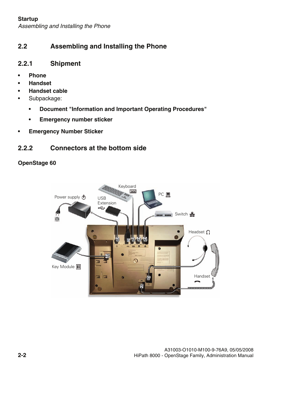 2 assembling and installing the phone, 1 shipment, 2 connectors at the bottom side | 2 assembling and installing the phone -2 | Siemens HIPATH 20 User Manual | Page 18 / 258