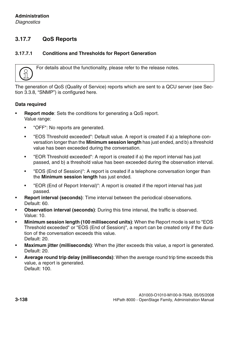 7 qos reports, 1 conditions and thresholds for report generation, 7 qos reports -138 | Siemens HIPATH 20 User Manual | Page 180 / 258