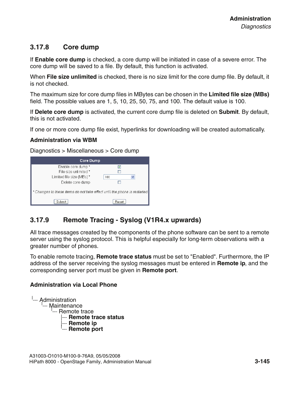 8 core dump, 9 remote tracing - syslog (v1r4.x upwards), 8 core dump -145 | 9 remote tracing - syslog (v1r4.x upwards) -145 | Siemens HIPATH 20 User Manual | Page 187 / 258