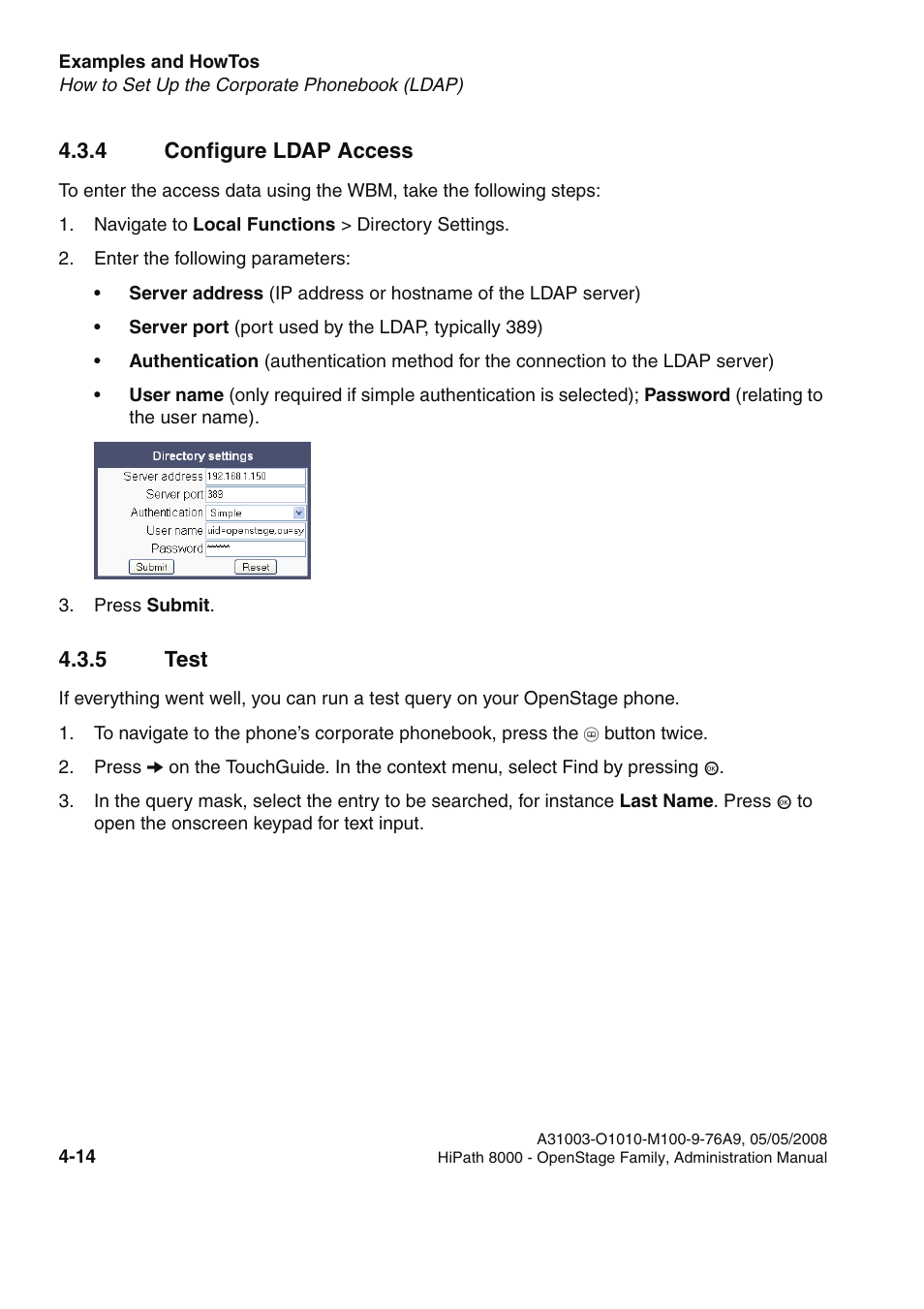 4 configure ldap access, 5 test, 4 configure ldap access -14 4.3.5 test -14 | Siemens HIPATH 20 User Manual | Page 204 / 258