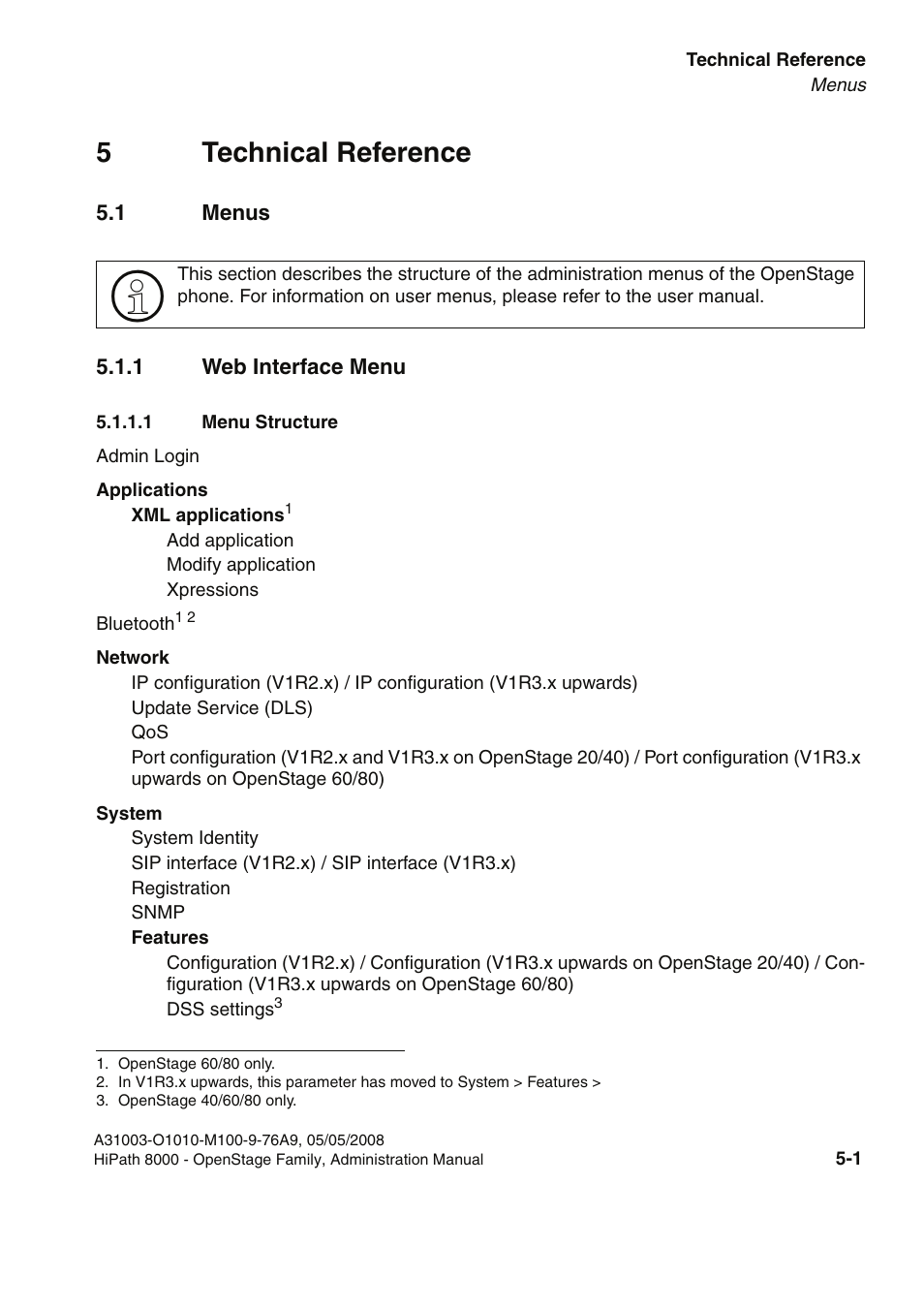 5 technical reference, 1 menus, 1 web interface menu | 1 menu structure, 1 menus -1, 1 web interface menu -1, 1 menu structure -1, 5technical reference | Siemens HIPATH 20 User Manual | Page 207 / 258