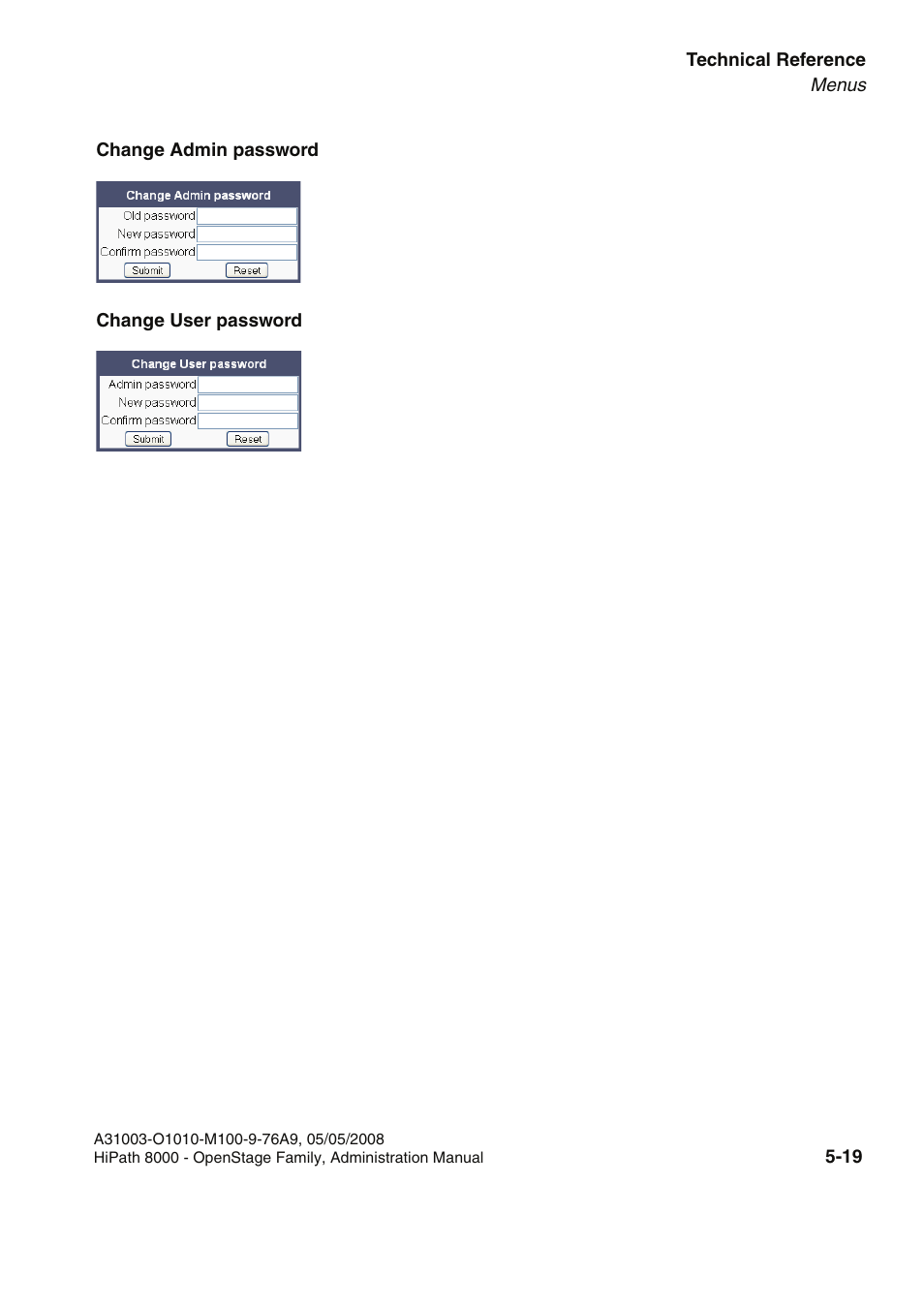 Change admin password change user password | Siemens HIPATH 20 User Manual | Page 225 / 258