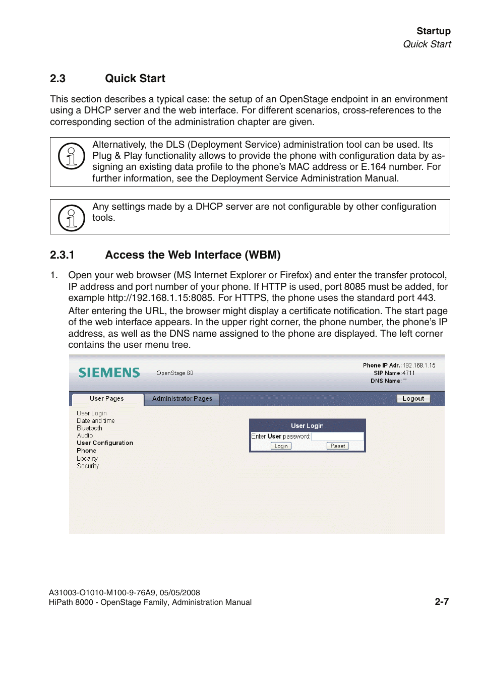 3 quick start, 1 access the web interface (wbm), 3 quick start -7 | 1 access the web interface (wbm) -7 | Siemens HIPATH 20 User Manual | Page 23 / 258